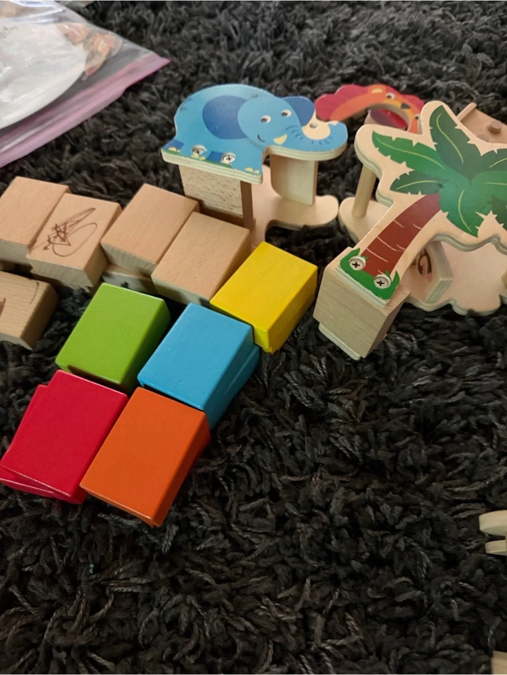 Wooden Train Track and Animal Block Playset - Natural Wood & Multicolor
